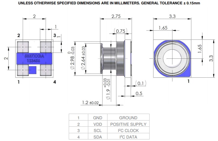 Mechanical Drawing - TE Connectivity / Measurement Specialties MS5837-02BA26 Pressure Sensor Module